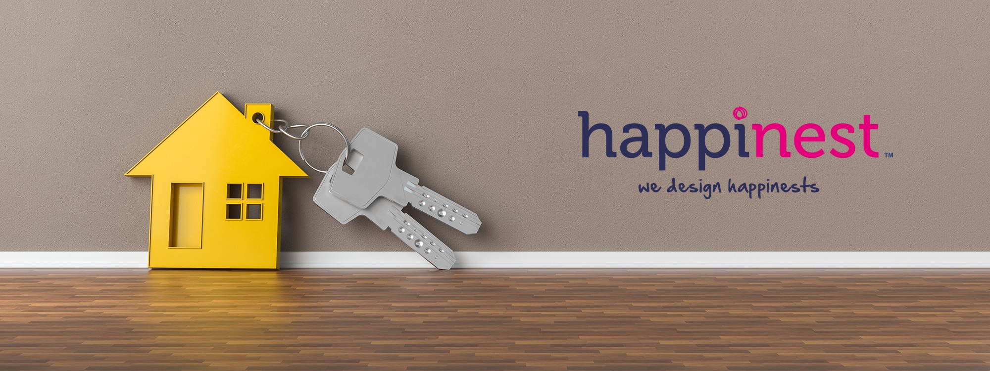 yellow house key holder with two keys and happinest logo